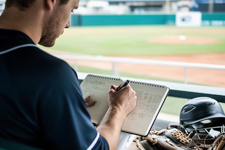 大学野球部のダグアウトで選手がフィールドノートに試合データを書き込む様子